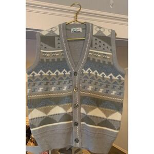 Skipjack Mens Vintage Knit Grandpa Sweater Vest Grey Blue Geometric Large